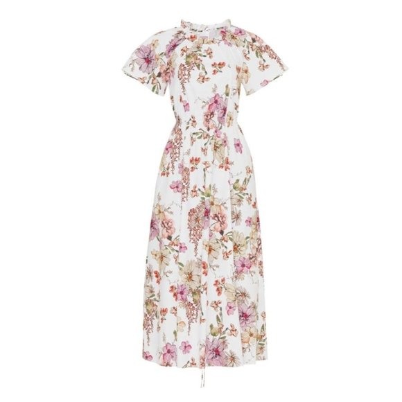 Rtr midi sz 12 Adam Lippes pink floral shirred tie waist cap sleeve dress pleat - Picture 4 of 7